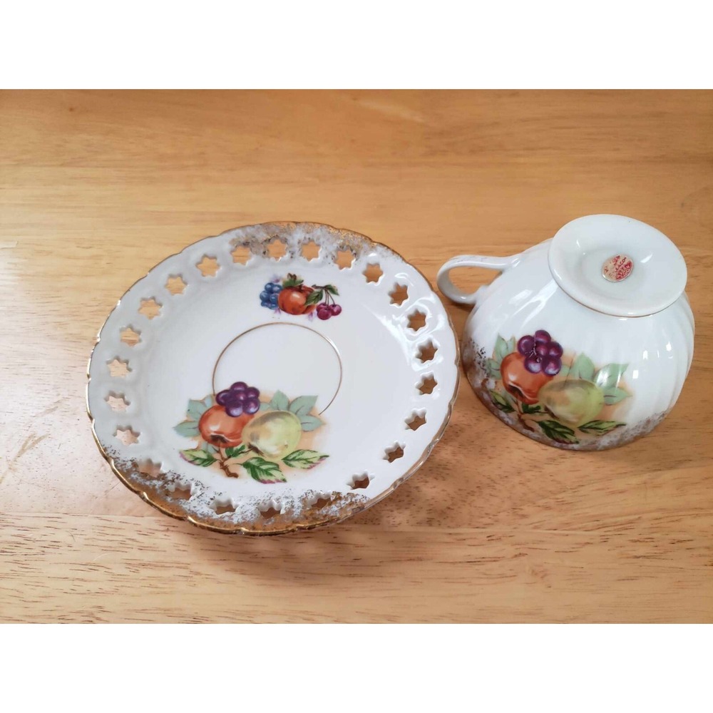 Vintage Enesco Japan Fruit Motif Tea Cup‎ + Pierced Saucer Set – Gold Trim - Picture 2 of 10